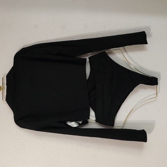 Zara Black Cut Out Long Sleeve Sliver Ring Bodysuit Size S - Picture 3 of 4